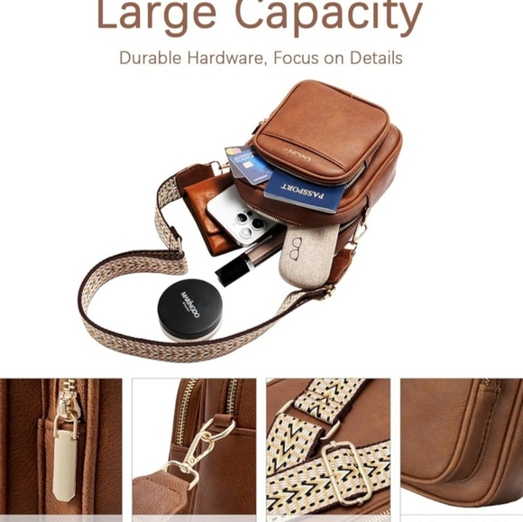 Women's Crossbody Purse Embroidered Vegan Leather Oblong Brown Boho Adjustable - Picture 11 of 12